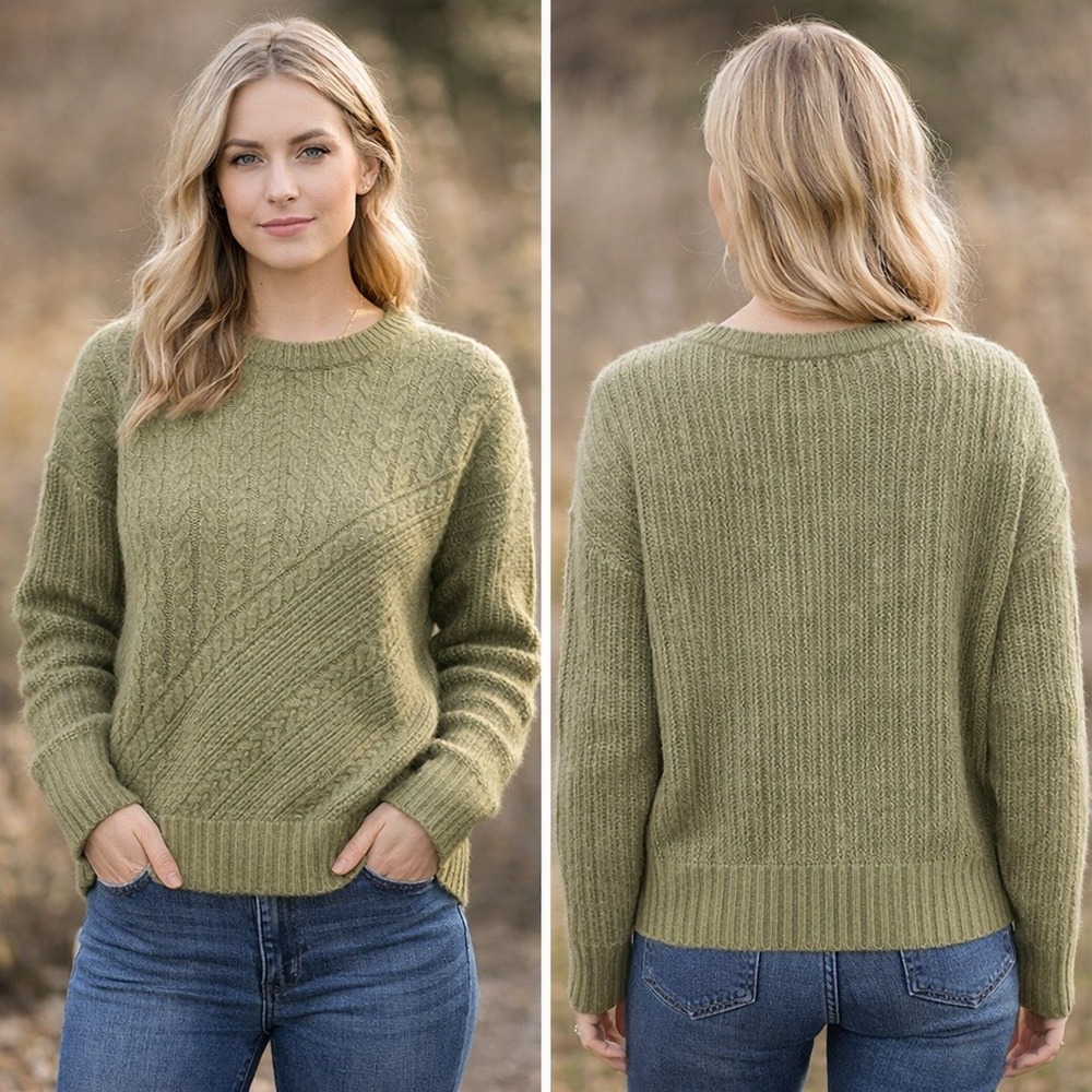 Joie Womens Olive Green Mixed Cable Knit Crewneck Sweater Large